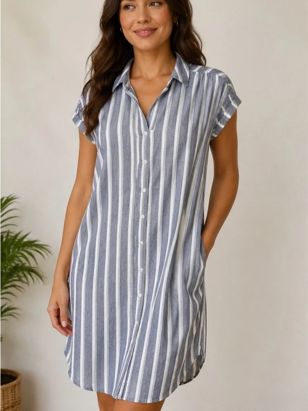 Lord & Taylor Linen Blend Blue & White Striped Shirt Dress | Linen & Viscose | - Picture 1 of 4